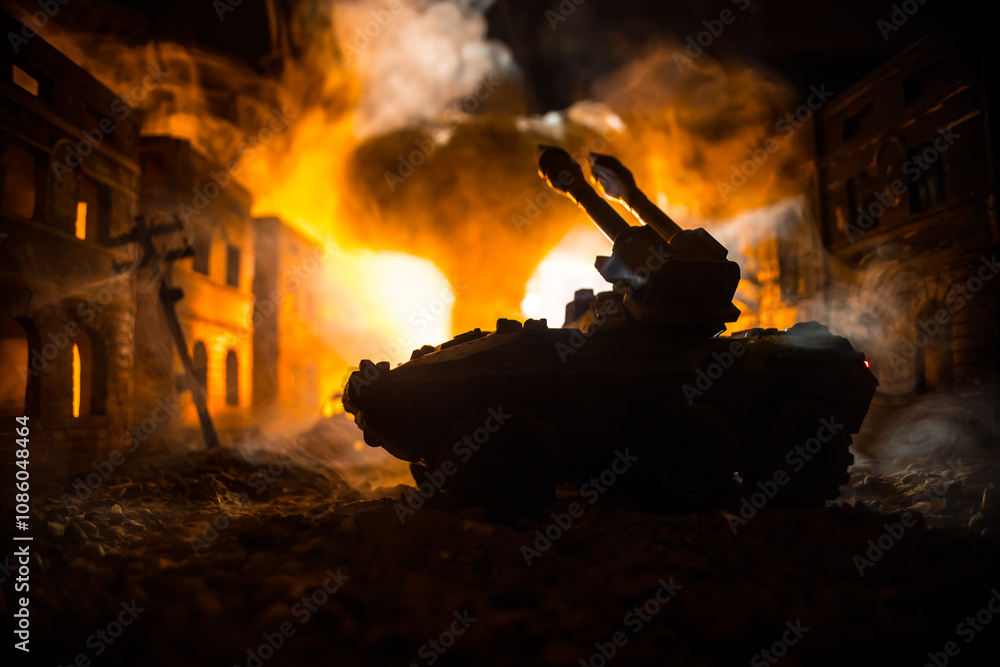 Naklejka premium Rocket launch with fire clouds. Battle scene with rocket Missiles with Warhead Aimed at Gloomy Sky at night. Soldiers and Rockets War Backgound.