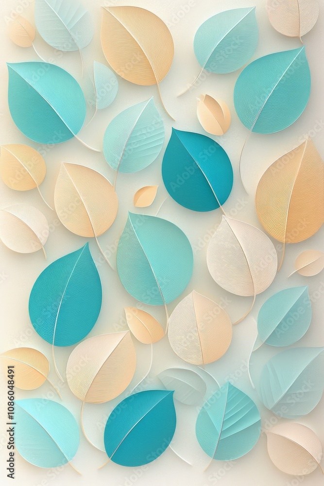 Beautiful arrangement of blue and cream leaves on a soft background in a modern design Beautiful arrangement of blue and cream leaves on a soft background in a modern design