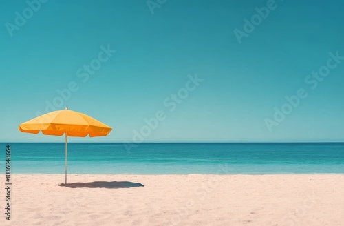 A bright yellow umbrella on a serene beach under a clear blue sky in midday light
