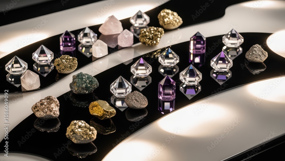 Essential minerals Display of colorful crystals and gemstones arranged on a glossy surface with soft lighting Essential minerals Display of colorful crystals and gemstones arranged on a glossy surface with soft lighting