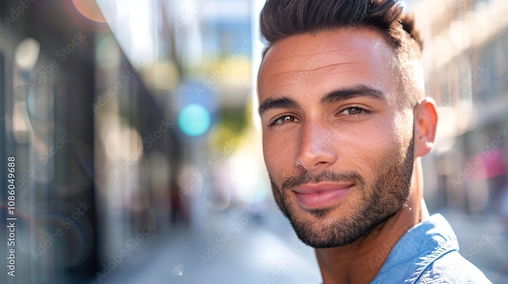 Smiling young man with a well-groomed beard and styled hair, posing on a sunlit city street with a blurred background. Concept of modern lifestyle, confidence, and urban fashion. Gay man, LGBT Smiling young man with a well-groomed beard and styled hair, posing on a sunlit city street with a blurred background. Concept of modern lifestyle, confidence, and urban fashion. Gay man, LGBT
