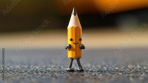 A cheerful pencil with tiny arms and legs stands on a textured surface, bringing a playful twist to the everyday item photo