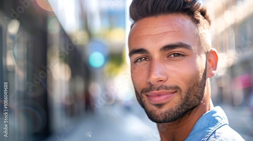 Smiling young man with a well-groomed beard and styled hair, posing on a sunlit city street with a blurred background. Concept of modern lifestyle, confidence, and urban fashion. Gay man, LGBT