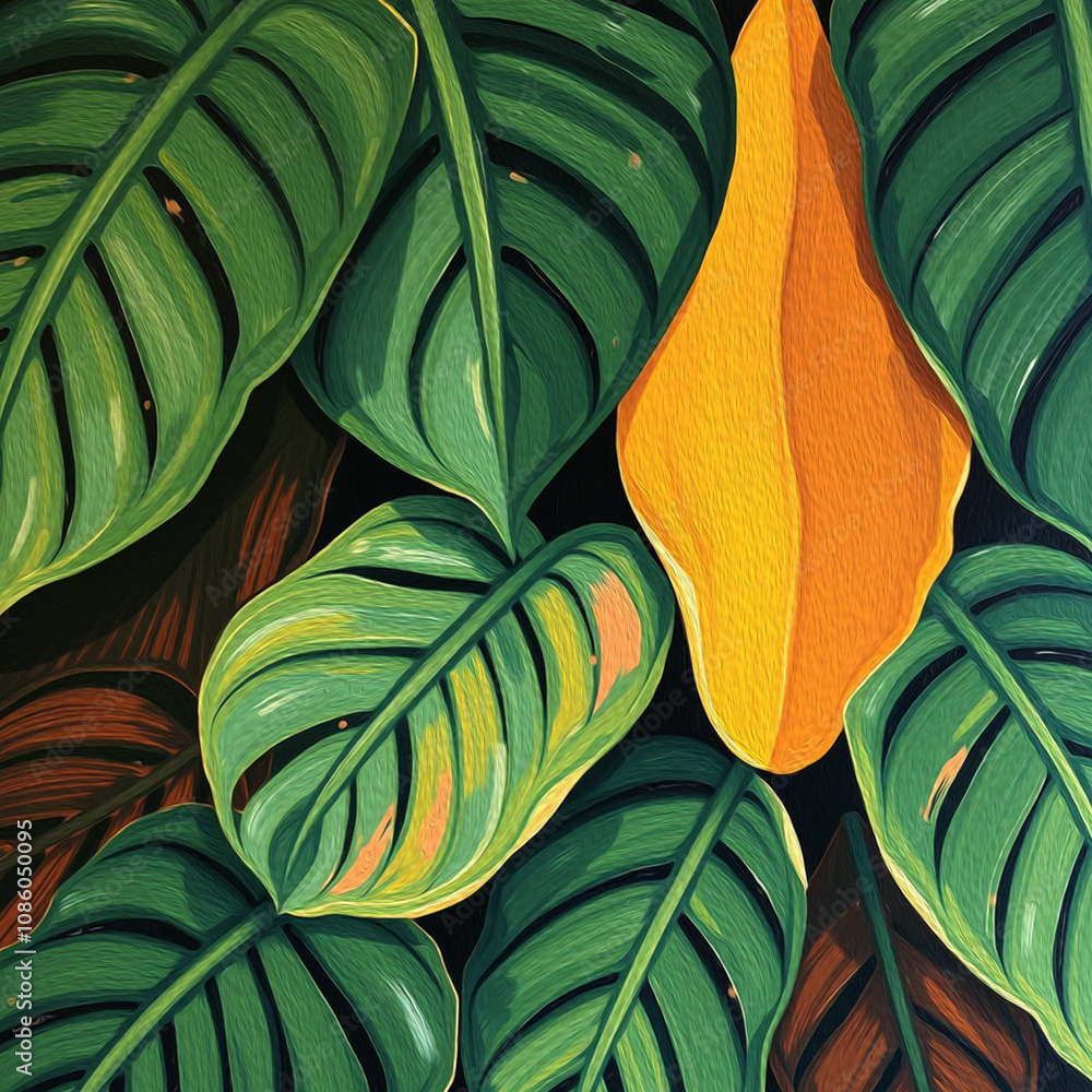 Monstera leaves. Oil painting. Pattern for printing on wall decorations, covers, leaflets, business cards Monstera leaves. Oil painting. Pattern for printing on wall decorations, covers, leaflets, business cards