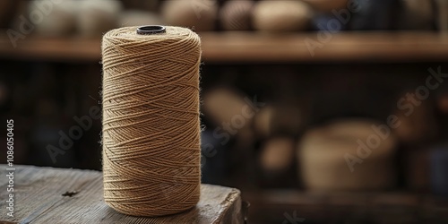 Close-up of a Spool of Twine on a Wooden Surface