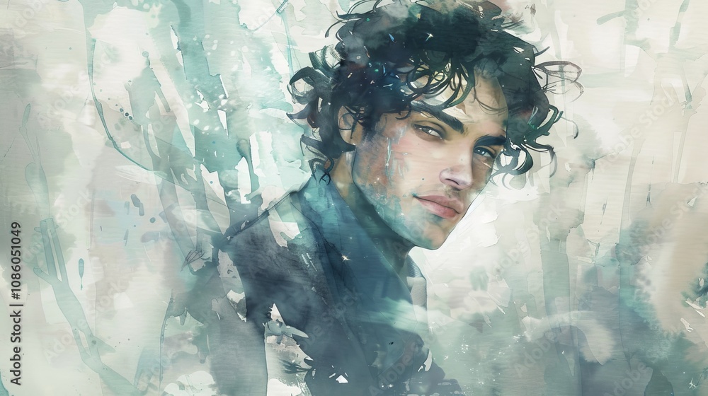 Φωτογραφία Watercolor Art of a Young Man with Curly Hair, Expressive Eyes and Contemplative Gaze