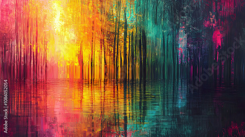 Abstract forest scene with glowing colors, serene water reflection, moody ambiance