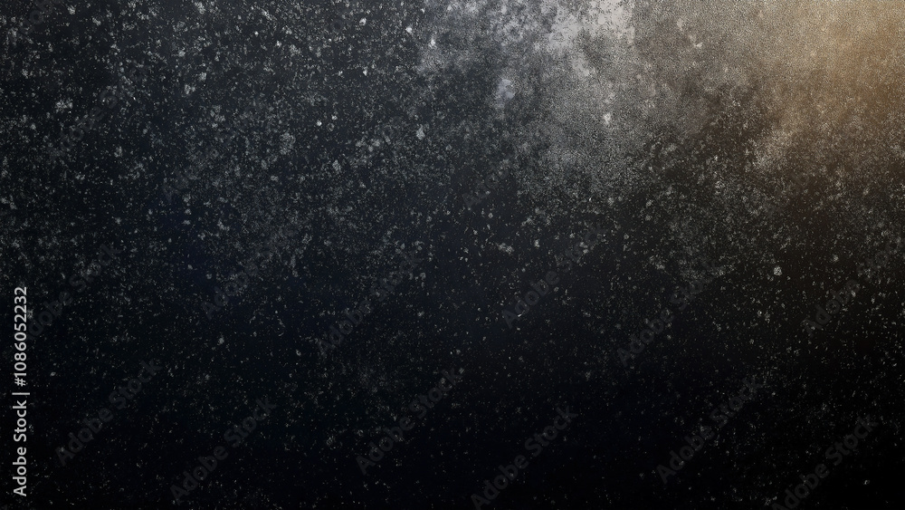 Fototapeta premium Snow particles floating in the air against a black background, with a grainy texture, dust, grunge, and simulated dust and scratches.