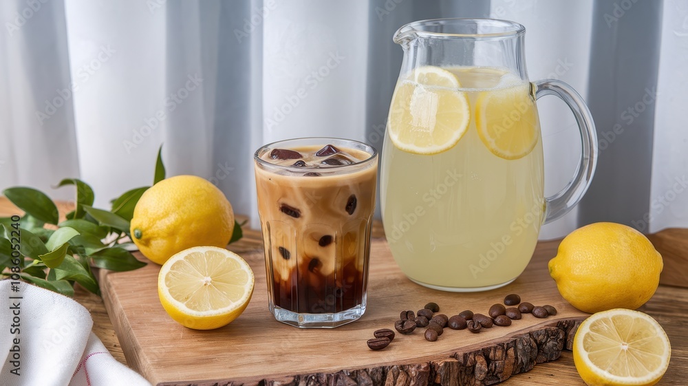 Refreshing Summer Beverages with Iced Coffee and Lemonade on a Wooden Table Refreshing Summer Beverages with Iced Coffee and Lemonade on a Wooden Table