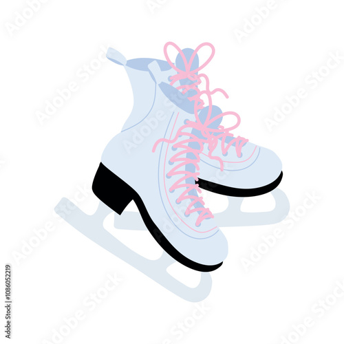 Pair of white leather women skates with pink laces isolated on white background. Hand drawn vector illustration in flat style. Winter ice skating equipment, sport concept, hobby, Christmas symbol