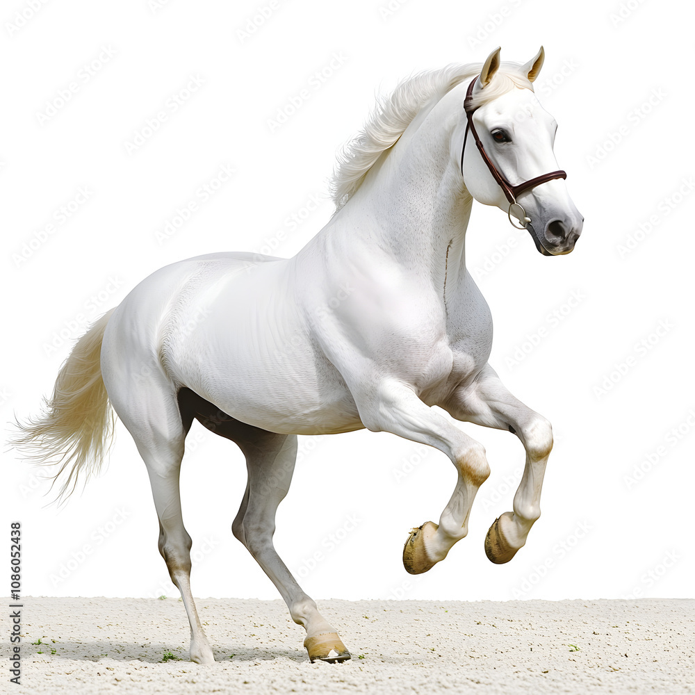 Obraz premium Majestic White Stallion Horse Rearing Up on Sand