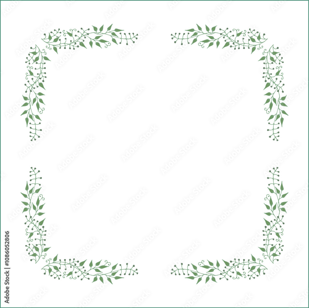 Elegant green vegetal ornamental frame with leaves and olives, decorative border, corners for greeting cards. Isolated vector illustration Elegant green vegetal ornamental frame with leaves and olives, decorative border, corners for greeting cards. Isolated vector illustration