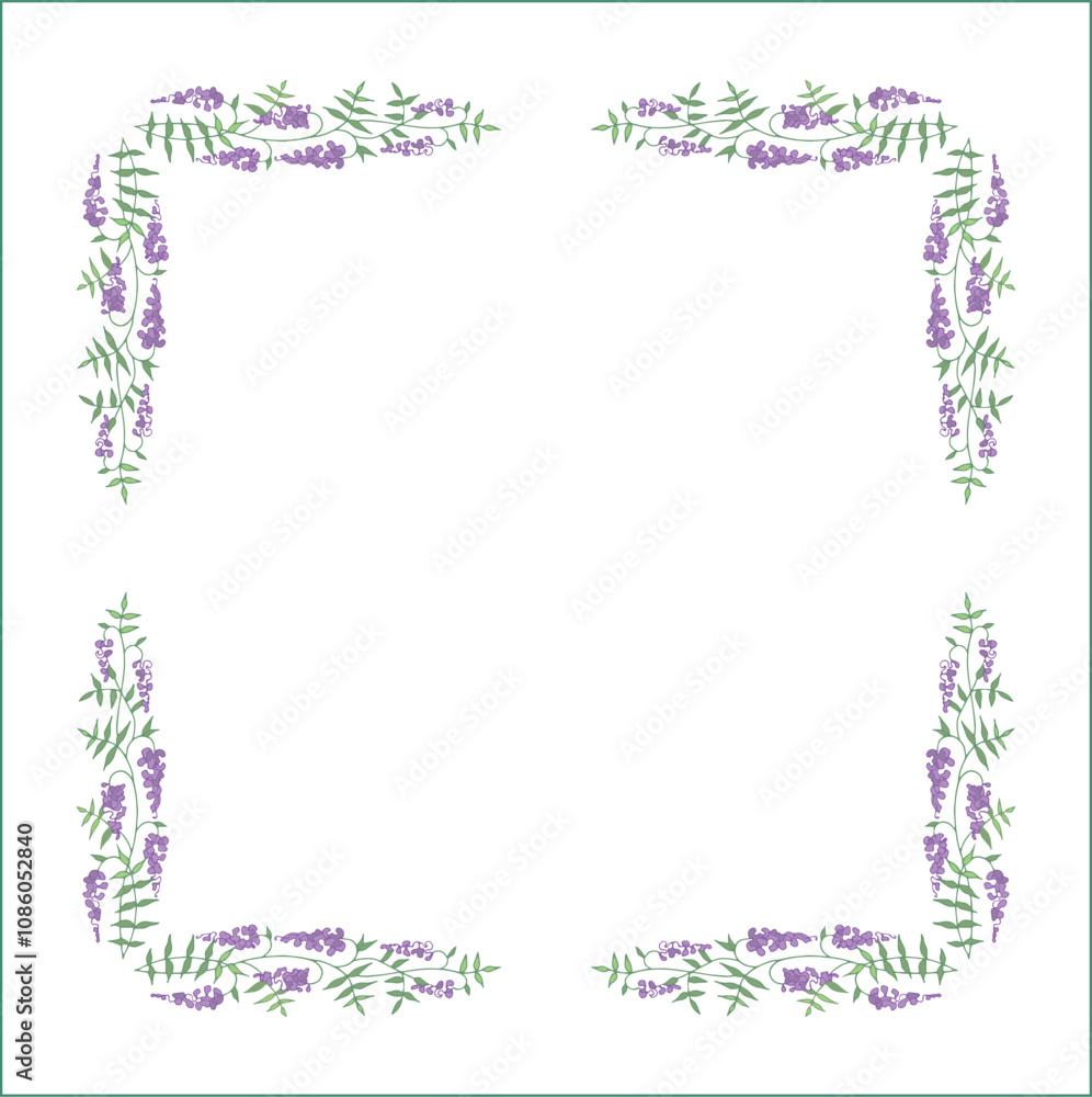 Elegant green vegetal ornamental frame with leaves and glycine flowers, decorative border, corners for greeting cards. Isolated vector illustration Elegant green vegetal ornamental frame with leaves and glycine flowers, decorative border, corners for greeting cards. Isolated vector illustration
