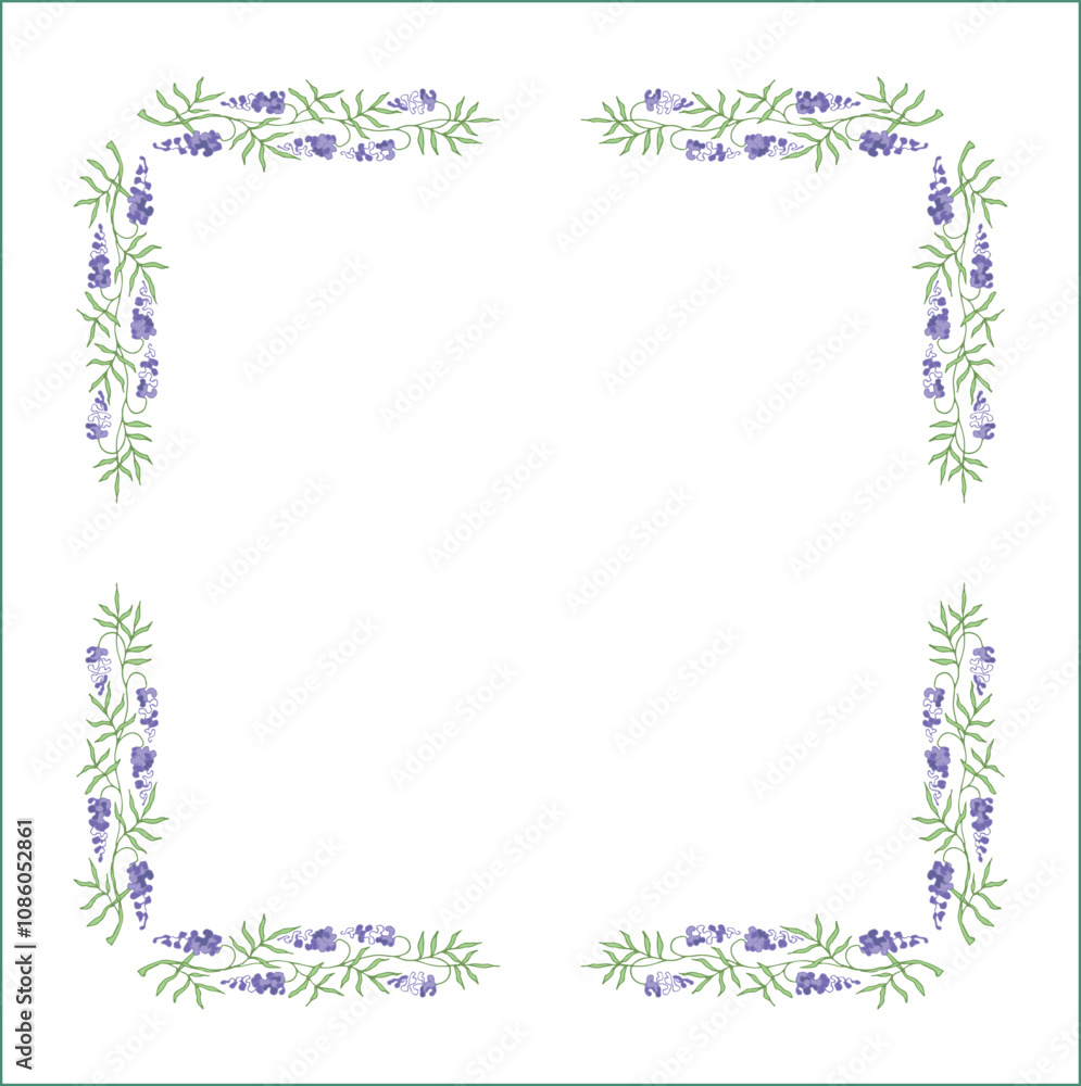Elegant green vegetal ornamental frame with leaves and glycine flowers, decorative border, corners for greeting cards. Isolated vector illustration Elegant green vegetal ornamental frame with leaves and glycine flowers, decorative border, corners for greeting cards. Isolated vector illustration