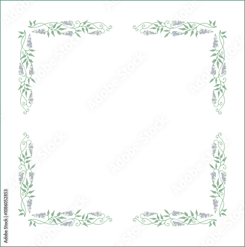 Elegant green vegetal ornamental frame with leaves and glycine flowers, decorative border, corners for greeting cards. Isolated vector illustration