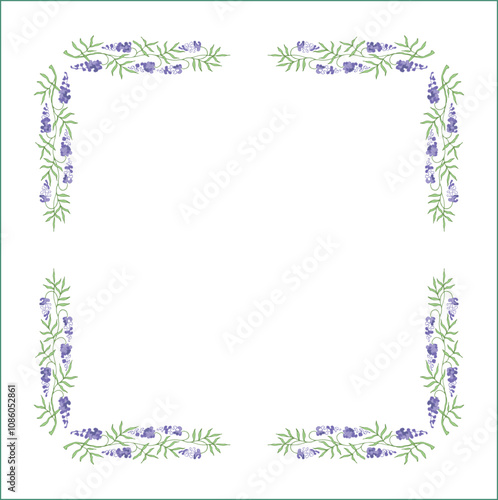 Elegant green vegetal ornamental frame with leaves and glycine flowers, decorative border, corners for greeting cards. Isolated vector illustration