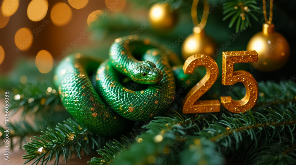 A vibrant green tree snake coils around New Year decorations and a sparkling gold number, creating a festive atmosphere. A vibrant green tree snake coils around New Year decorations and a sparkling gold number, creating a festive atmosphere.