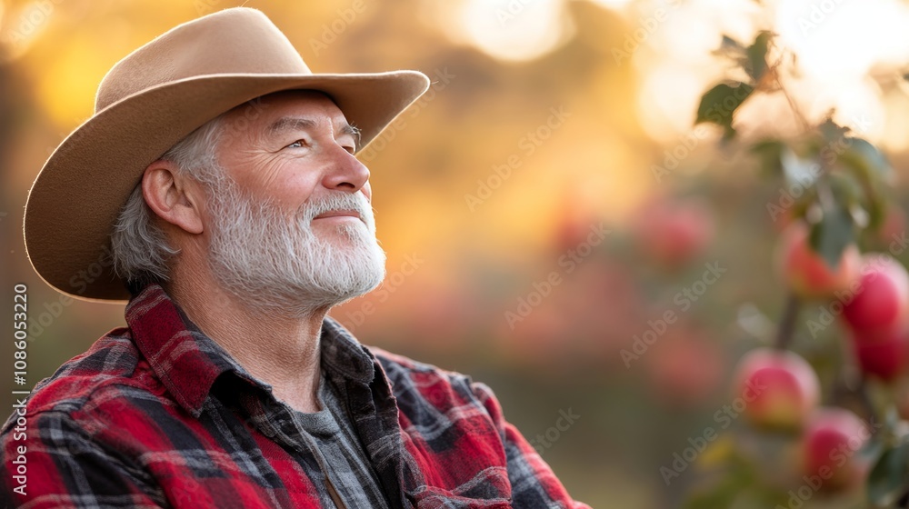 Obraz premium Golden Hour Dreams Contemplative Senior Farmer Reflects in the Warm Light of Sunset at his Orchard