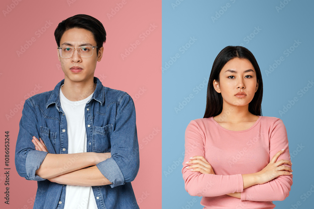 Relationships crisis during isolation. Upset young asian man and woman with crossed arms posing over grey background Relationships crisis during isolation. Upset young asian man and woman with crossed arms posing over grey background