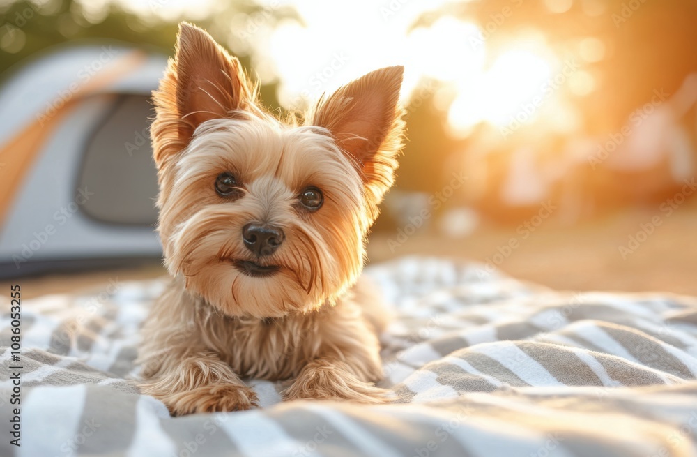 Cute small dog relaxing on a blanket near a tent during sunset at a campground Cute small dog relaxing on a blanket near a tent during sunset at a campground