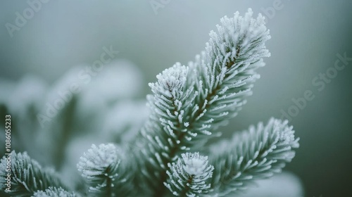 Frosty Pine Branches, Close-Up of Pine Needles Covered in Ice Crystals, Winter Nature Background