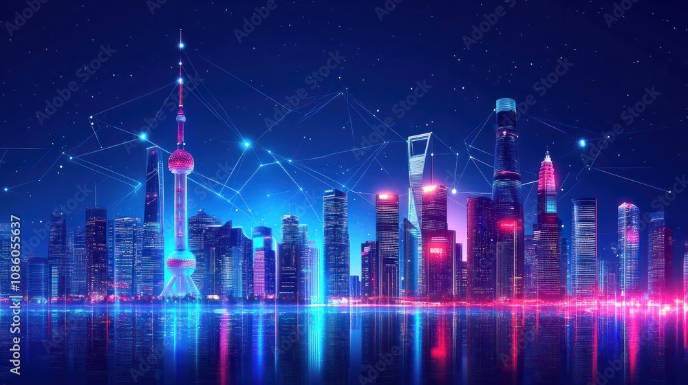 Technology city background. Building shapes, smart digital tech cityscape. Flow lines points network connect, futuristic recent vector banner Technology city background. Building shapes, smart digital tech cityscape. Flow lines points network connect, futuristic recent vector banner