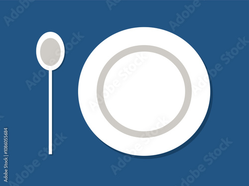 White plate and spoon on blue background. Tableware, lunch, meal. Vector illustration