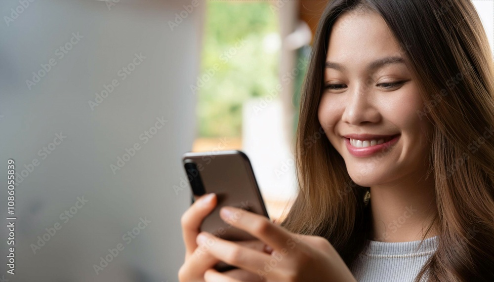 Fototapeta premium Teenager smiling and using a smartphone, symbolizing youth, technology, and social interaction.