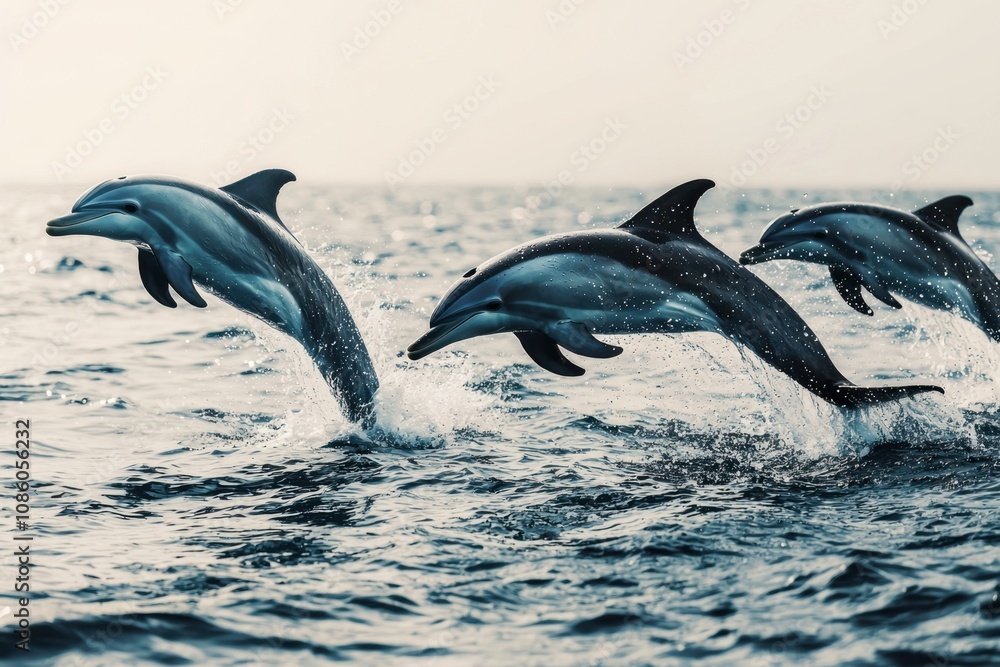 Obraz premium Three dolphins are leaping out of the water