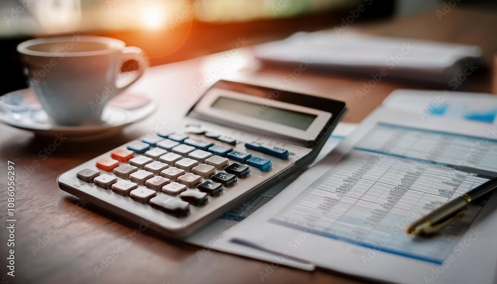 Financial documents and a calculator on a desk, symbolizing accounting, finance, and budgeting. Financial documents and a calculator on a desk, symbolizing accounting, finance, and budgeting.