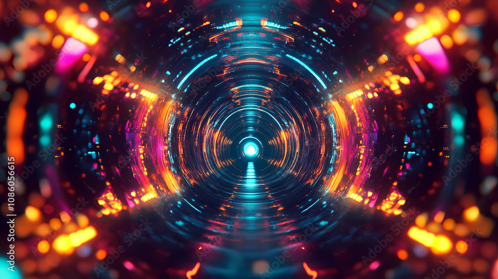 Vivid abstract digital tunnel with colorful lights and motion blur, resembling high-speed technology and futuristic design. Dreamscape Abstract. Illustration Vivid abstract digital tunnel with colorful lights and motion blur, resembling high-speed technology and futuristic design. Dreamscape Abstract. Illustration