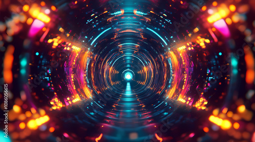 Vivid abstract digital tunnel with colorful lights and motion blur, resembling high-speed technology and futuristic design. Dreamscape Abstract. Illustration