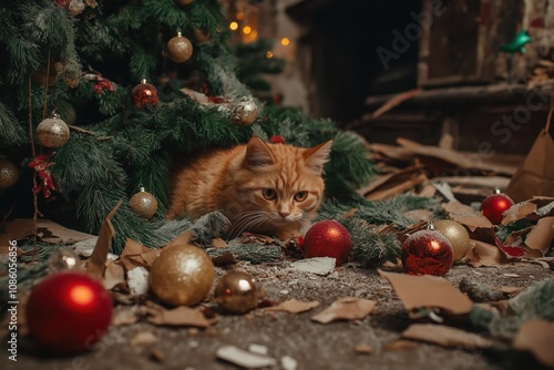 Wallpaper Mural Ginger cat hiding under christmas tree after mischief Torontodigital.ca