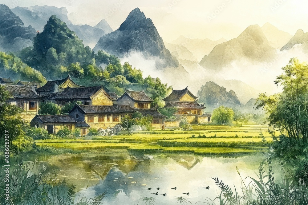 A painting of a village with houses and a river A painting of a village with houses and a river