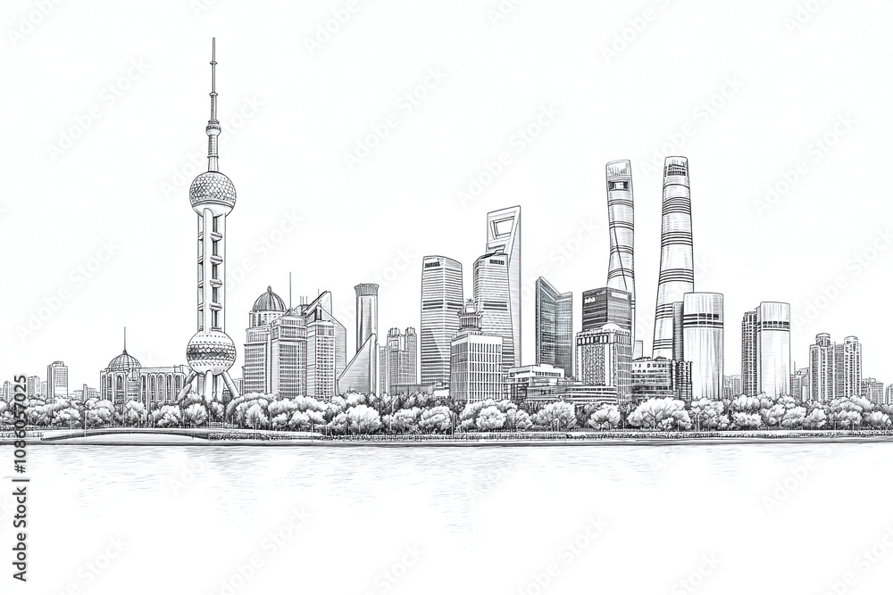 Fototapeta premium Coloring page of shanghai pudong skyline with oriental pearl tower, modern meets traditional architecture.