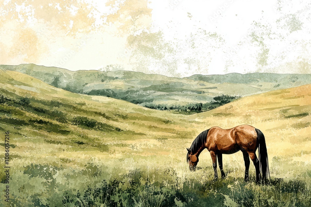 A brown horse is grazing in a grassy field A brown horse is grazing in a grassy field