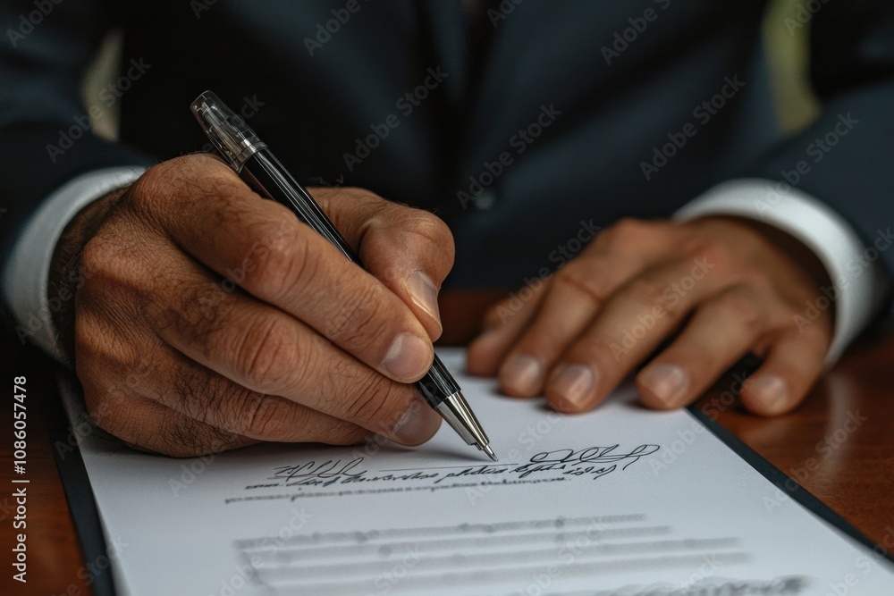 A man is writing on a piece of paper with a pen A man is writing on a piece of paper with a pen