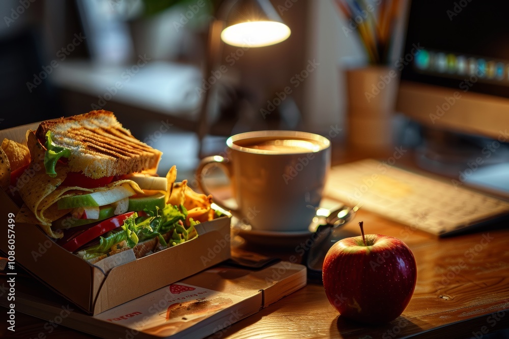 Cozy workspace with coffee, sandwich, and apple in evening light Cozy workspace with coffee, sandwich, and apple in evening light