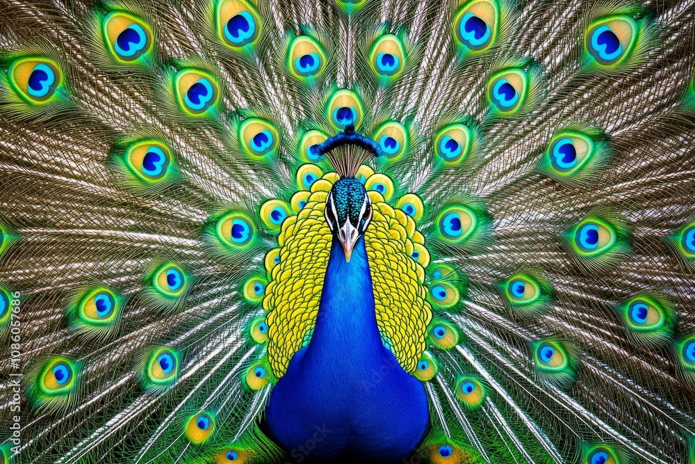 Obraz premium A vibrant peacock displays its stunning feathers. The colorful plumage creates a beautiful and eye-catching visual. Perfect for nature lovers and art enthusiasts. Generative AI