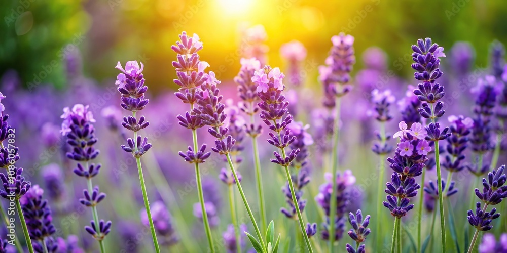 Naklejka premium Close-up of purple lavender flowers blooming in a garden on a sunny day surrounded by green leaves and stems, field, flowers, purple
