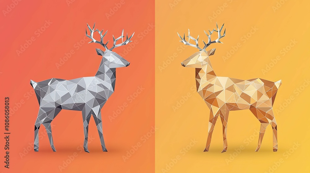 Christmas pattern and reindeer geometric, A geometric representation of two deer, one in gray and the other in orange, showcasing a modern, minimalist design style. Christmas pattern and reindeer geometric, A geometric representation of two deer, one in gray and the other in orange, showcasing a modern, minimalist design style.