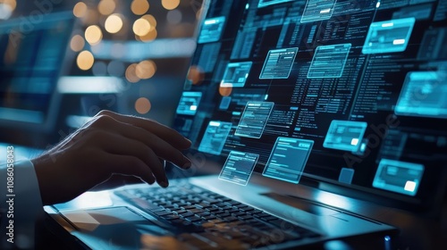 Businessman using a computer to document management concept, online documentation database and digital file storage system/software, records keeping, database technology, file access, doc sharing