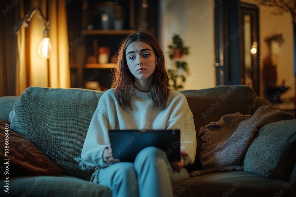 Sad young woman using tablet at home on sofa in living room Sad young woman using tablet at home on sofa in living room