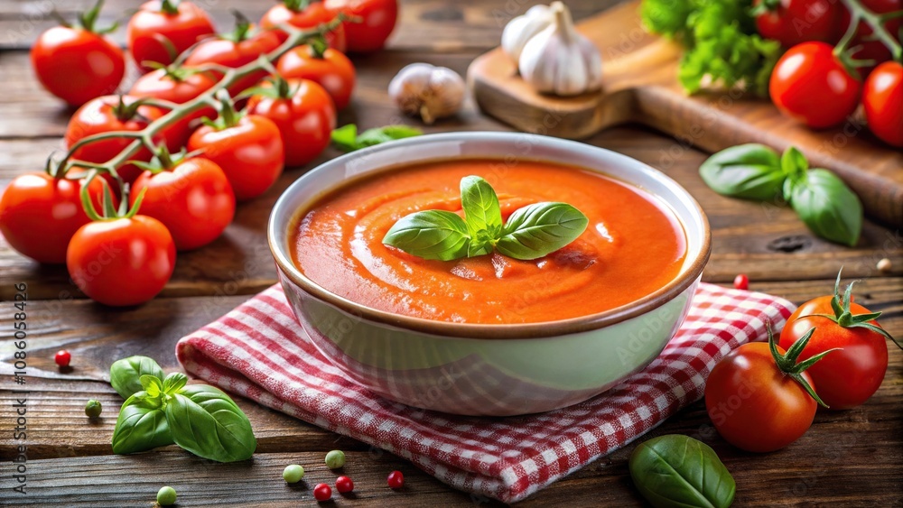 Creamy tomato soup made of fresh tomatoes macro close up Creamy tomato soup made of fresh tomatoes macro close up