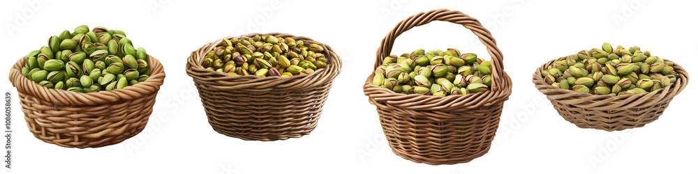 Pistachio nuts in a wooden basket isolated on transparent background, Set of Pistachio nuts in a wooden basket isolated on transparent background, Set of