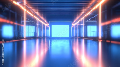 Abstract digital blue business screen on blurry interior background. Technology and finance concept. 3D Rendering.