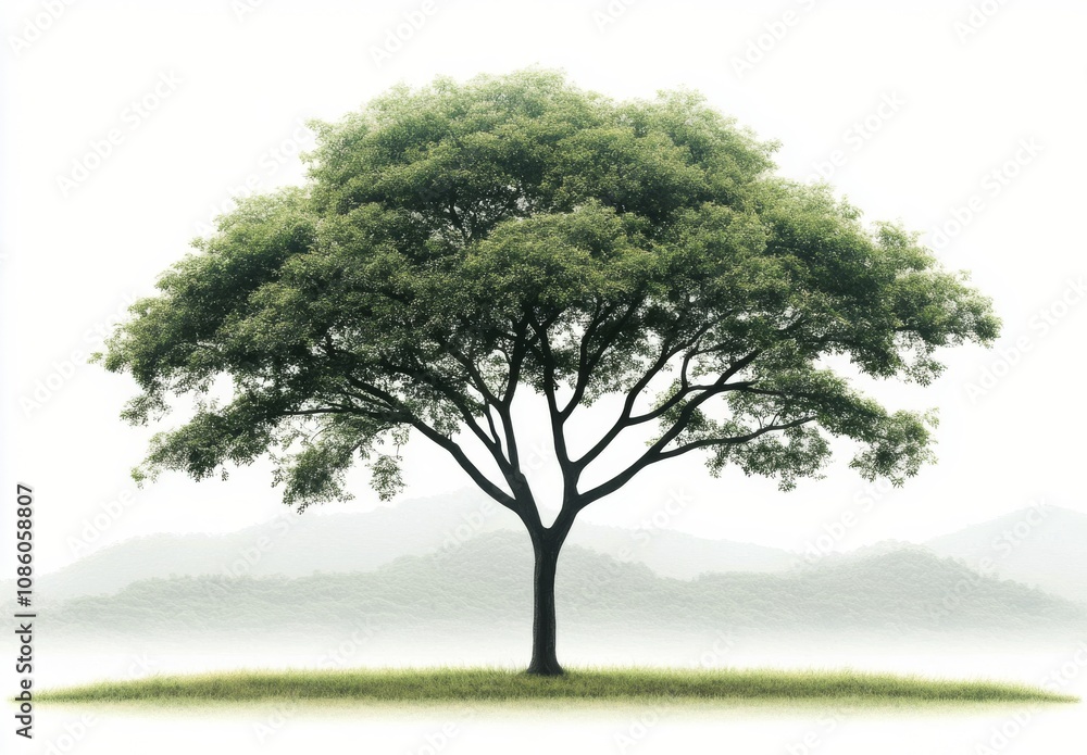 A large green tree stands alone in a serene outdoor setting during daytime with clear sky A large green tree stands alone in a serene outdoor setting during daytime with clear sky