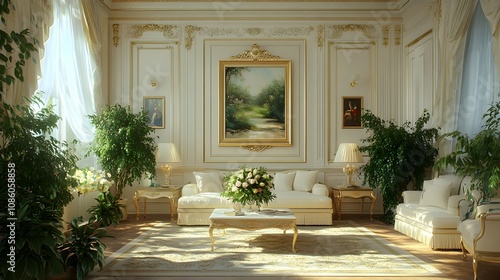 
10h Chic living room in classic style in light shades, everything looks very chic and expensive, lots of greenery and flowers, luxury photo