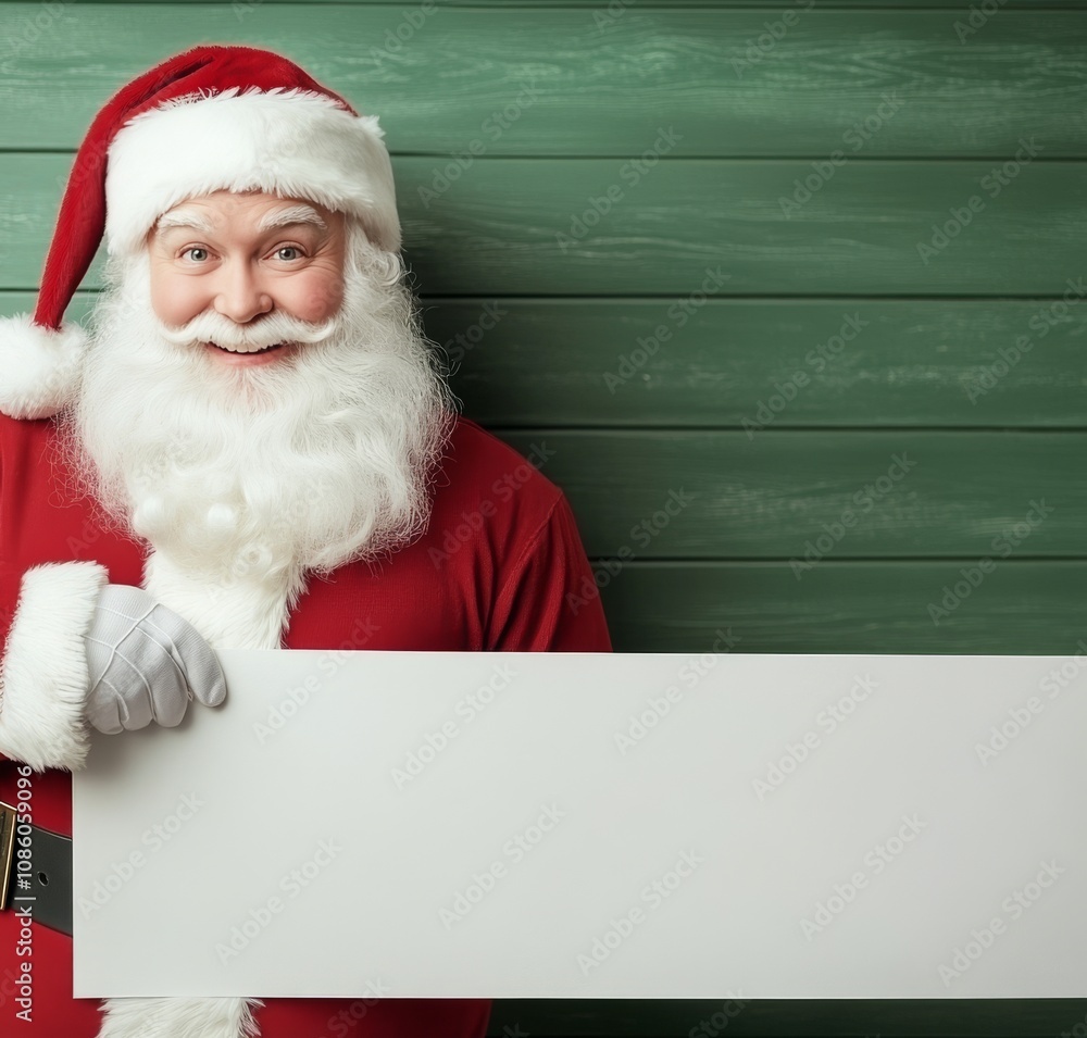 Naklejka premium Cheerful Santa Claus with a big smile holding a blank sign against a festive bokeh background