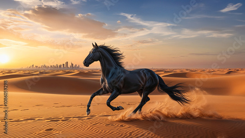 a black majestic mare running in the desert at sunset 